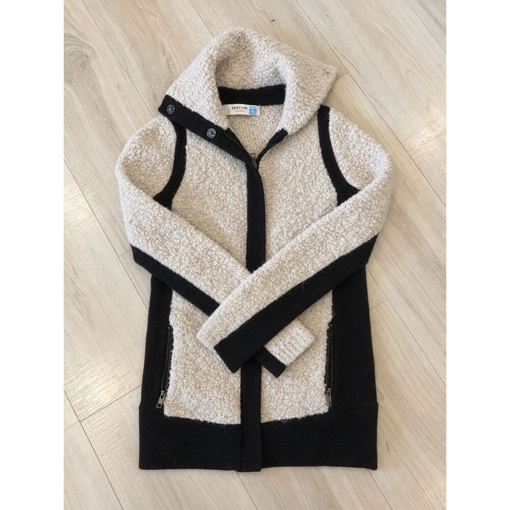 Anthropologie Sparrow Cream Black Boucle Knit Zip Jacket Size XS
